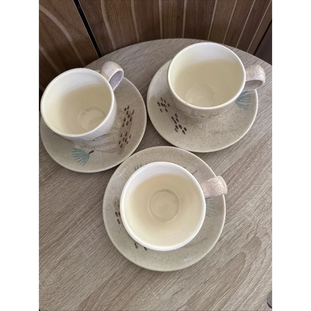 3 VTG Red Wing Pottery Quail Bob White Bobwhite Teacup  &Saucers Sets